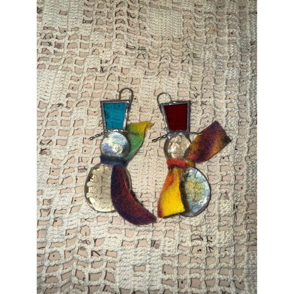 Handmade Stained Glass Snowman Earrings Iridescent Rainbow Scarf Holiday Jewelry